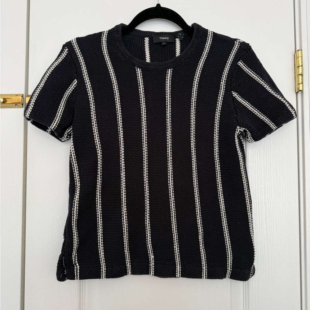 Theory Navy and White Knit Top